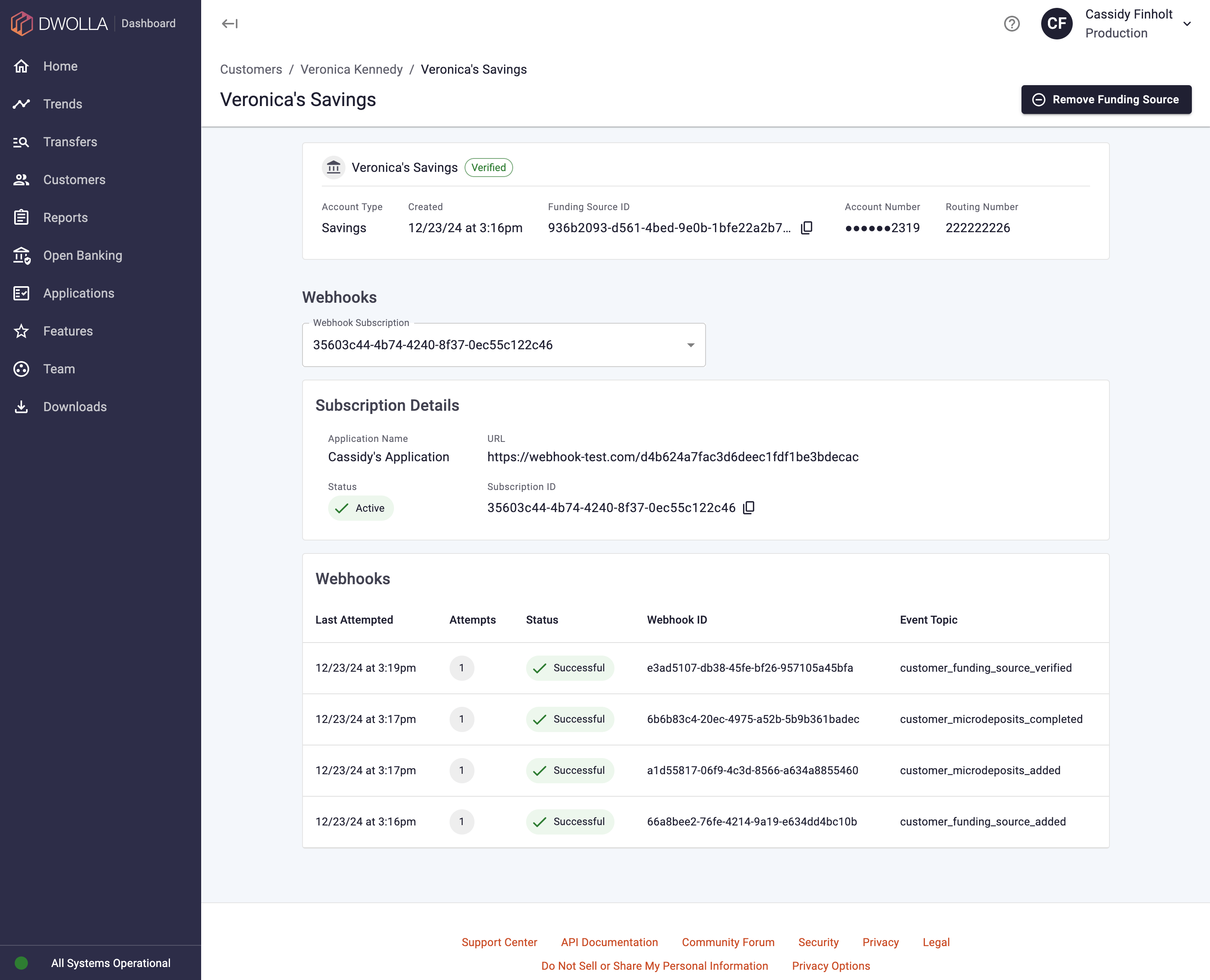 Dashboard for Dwolla - screenshot of savings page