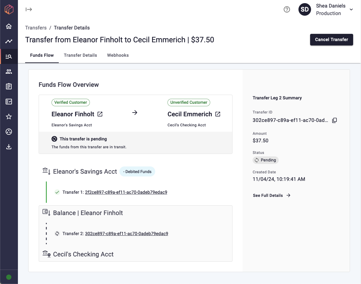 Screenshot of the Funds Flow Overview Tab with a pending transfer